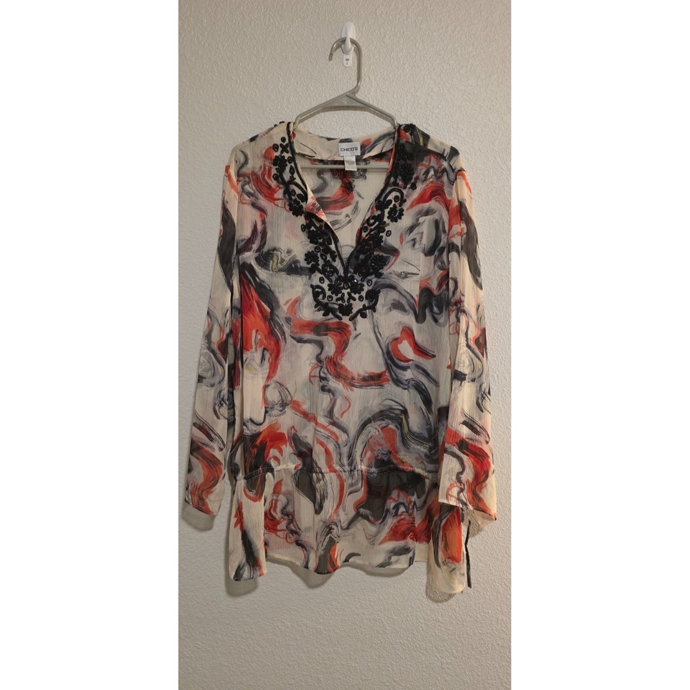 Chico's Sheer Abstract Tunic Top Women's 3 Cream Red Beaded V-Neckline Tie Waist